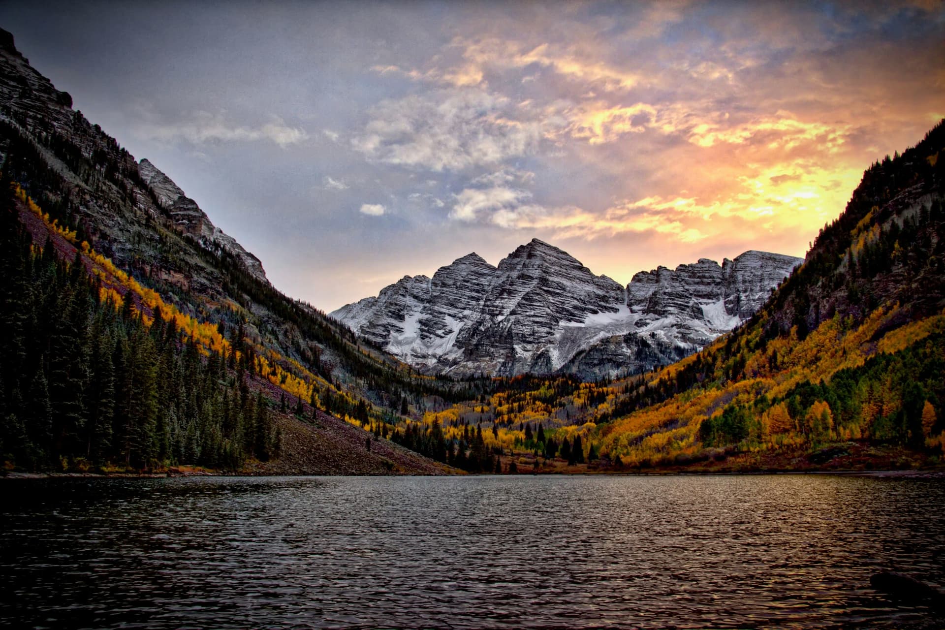 The Maroon Bells in late-day light above Maroon Lake near Aspen.