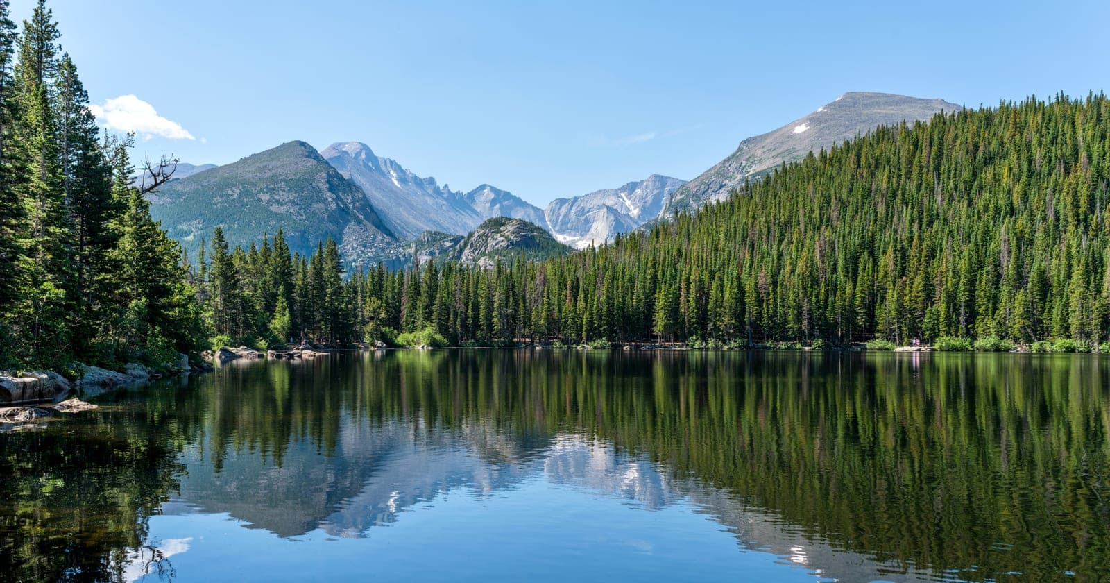 Bear Lake reflecting the granite peaks of Rocky Mountain National Park at first light.