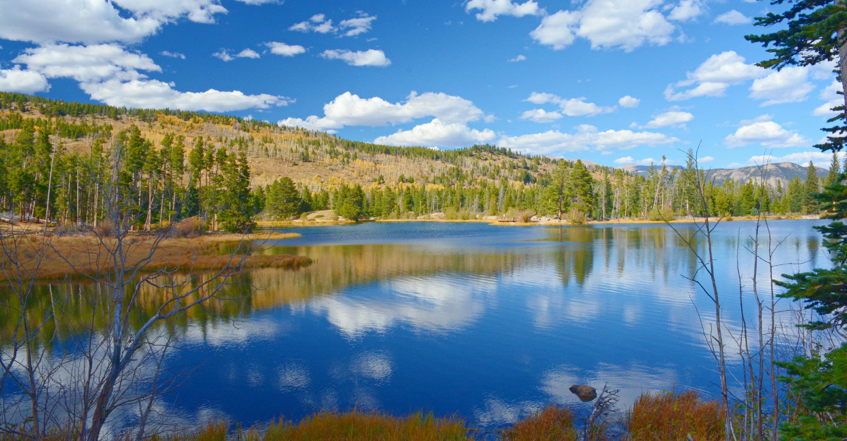 Sprague Lake's reflection of the Continental Divide in Rocky Mountain National Park.